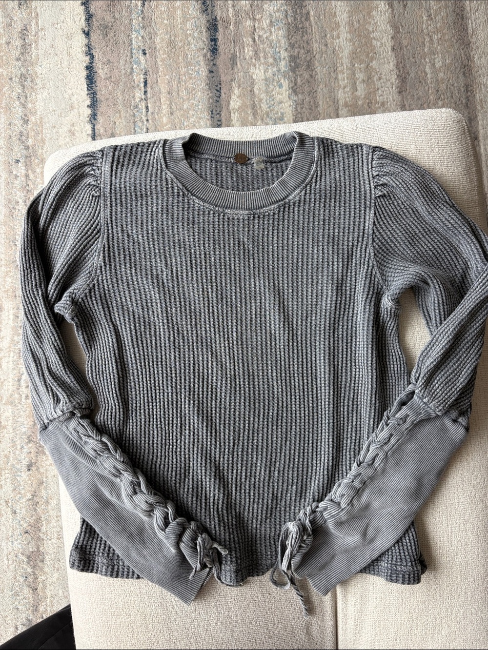 Free People Gray Waffle Knit Lace-Up Sleeve Sweatshirt